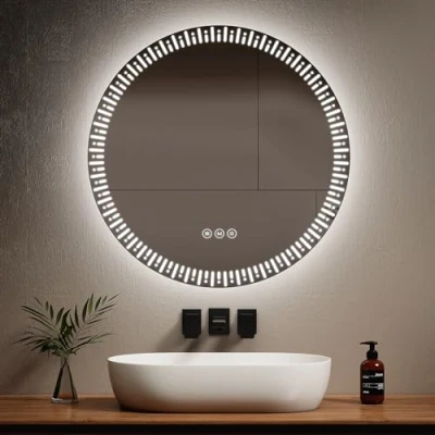 Image de EMKE Miroir Rond Salle de Bain LED rétro éclairé, diamètre 80 cm, avec Anti buée+Interrupteur Tactile+3 Couleurs lumière Variable, décoratif à la Mode,Miroir