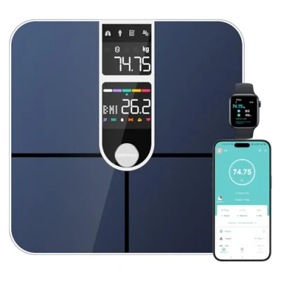 Image de Healthkeep Pèse Personne Balance Connectée Bluetooth avec 2 Écrans VA et Technologie de Revêtement ITO, 16 Données Corporelle Fréquence Cardiaque APP pour Andriod iOS 180kg/400lb, Argenté