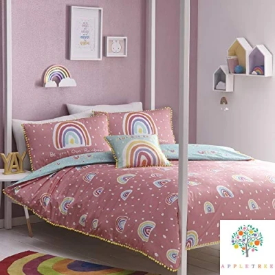 Image de Appletree Parure de lit 100% Coton avec Pompons Arc en Ciel, Rose, Simple