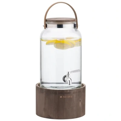 Image de Navaris Distributeur de Boisson en Verre Fontaine 5,6 L avec Robinet Couvercle poignée Cuir et Support Bois Carafe Eau Boissons Froides Chaudes