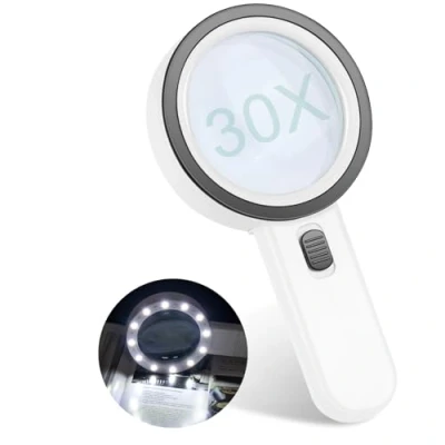Image de Loupe de Lecture 30X avec 12 Lumières LED Grossissante à Main pour Lecture, Bijoux, Timbres, Pièces Monnaie, Artisanat et Travaux Manuels Idéale Seniors Malvoyants