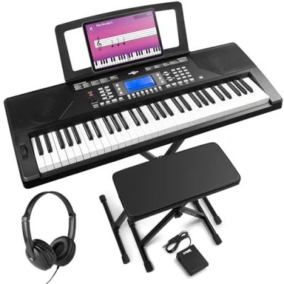 Image de Max Rhapsody61P Clavier Électronique, 61 Touches Sensibles à la Vélocité, avec Casque Audio, Stand, Banc et Pédale de Sustain inclus, Connexion MIDI, Deux Haut parleurs Intégrés, Molette Pitch Bend