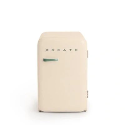 Image de CREATE / RÉTRO FRIGO 83.5 ARGENT/Réfrigérateur blanc cassé avec poignée vert sauge 98W, basse consommation, 2 étagères, régulateur de température, porte bouteilles, 56x54x84cm.