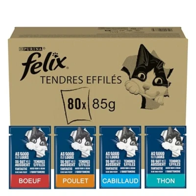 Image de Felix Tendres Effilés Sélection Mixte : Bœuf, Poulet, Thon, Cabillaud 80x85g