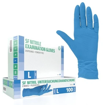 Image de SF Medical Products GmbH Gants en nitrile Boîte de 100 pièces (L, bleus) d&#039;examen jetables, sans poudre, latex, non stériles, médicaux, tatouage, gants, à usage unique