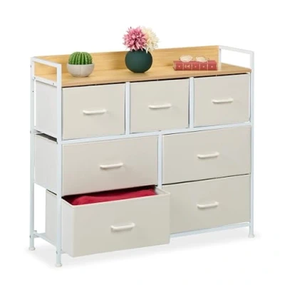 Image de Relaxdays Commode à 7 tiroirs, HLP : 85 x 100 30,5 cm, Meuble de Rangement, Chambre, Couloir, Beige/Blanc