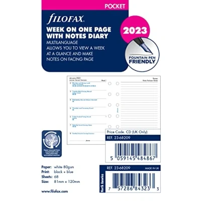 Image de Filofax Pocket Week per Page with Notes 4 Language 2023 Diary, White (23 68209)