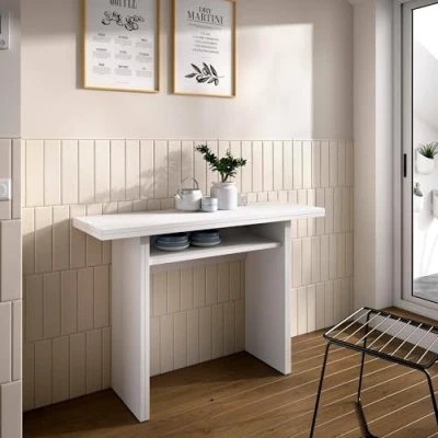 Image de Dmora Rodella, Console Extensible auxiliaire Multipositions, Table à Manger Pliante avec Plateau Rabattable, 110 x 33/66 75 cm, Blanc, Bois