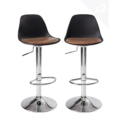 Image de KAYELLES Lot de 2 tabourets Bar Design Coussin Simili Cuir Effet Vintage rembourré, Repose Pied, Pied chromé réglable en Hauteur et pivotant 360 SIG + (Noir Marron)
