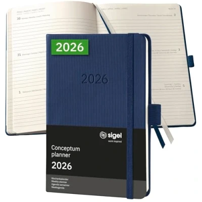 Image de SIGEL C2663 Agenda semainier 2026, A6, couverture rigide Calendrier, Planificateur, hebdomadaire, Organisateur, Journal bleu foncé Conceptum