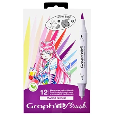 Image de GRAPH’IT Brush Marker Set de 12 marqueurs à alcool double pointe pour dessin Manga et illustration, extra fine pinceau Shojo