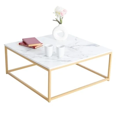 Image de MEUBLE COSY Table Basse de Salon Carré Effet Marbré Structure en métal, Style Rétro Industriel, 80x80x34cm, Blanc + doré