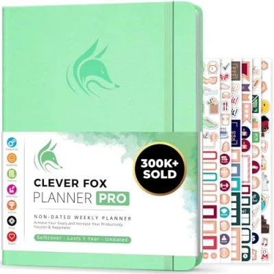 Image de Agenda Clever Fox PRO de vie hebdomadaire et mensuel pour augmenter la productivité, gestion du temps atteindre vos objectifs Organisateur, Durée 1 an A4, Non daté (Menthe)