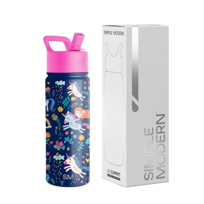Image de Simple Modern Bouteille d&#039;Eau pour Enfants avec Paille Gobelet Thermique en Acier Inoxydable Isolé Réutilisable Garçons et Filles Summit Collection 530ml Unicorn Rainbows