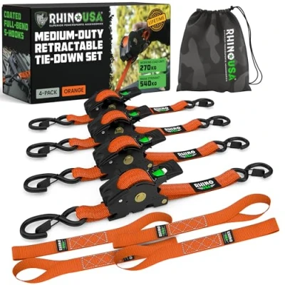 Image de Sangles d&#039;arrimage rétractables à cliquet (Paquet de 4) 540 kg résistance la Rupture y Compris (4) automatiques ultimes 2.5 cm x 3 m avec poignées rembourrées Orange