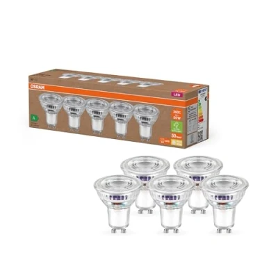 Image de OSRAM lampes LED très efficaces avec classe d&#039;efficacité énergétique A, Pack avantage 5 ampoules, remplace les réflectrices 50W, blanc chaud (2700K), E27, verre