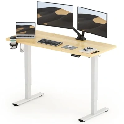 Image de SANODESK Bureau Assis Debout Électrique 140x60 cm Réglable en Hauteur avec Système Anti Collision, Panneau Clavier Contrôle à Fonctions Mémoires(Cadre Blanc+Plateau Érable)