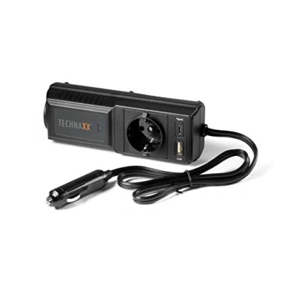 Image de Technaxx Onduleur de Voiture 200W, Convertisseur Tension 12V à 230V avec 2X Ports USB, 1x Prise Schuko, Haute/Basse &amp; Protection Contre Les Surcharges Transformateur TE21