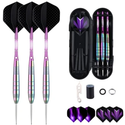 Image de sanfeng Lot de 3 fléchettes Pro 24 g à pointe en acier avec barillet laiton coloré, tiges aluminium violet, 9 ailettes standard + 50 joints toriques caoutchouc 12 anneaux ressort 1