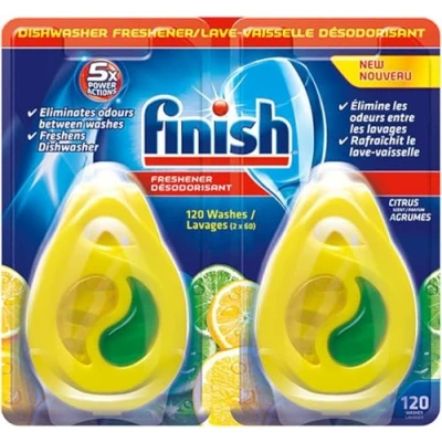 Image de Finish Lot de 2 désodorisants pour lave vaisselle avec action puissance 5 fois, 120 lavages, parfum d&#039;agrumes 4,8 g/5 ml