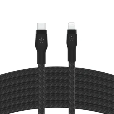 Image de Belkin Câble à gaine tressée USB C vers Lightning BoostCharge Pro Flex (2 m), certifié MFi (20 W), recharge Power Delivery pour iPhone 14/14 Plus, 13, 12, Pro, Max, mini, SE, iPad, etc. (noir)