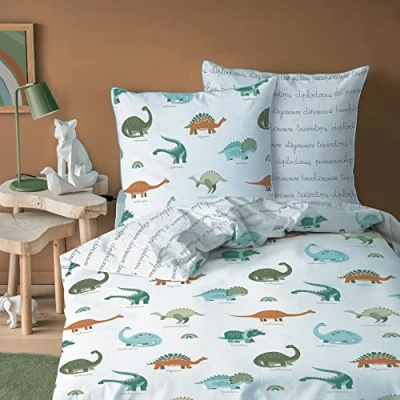 Image de MATT &amp; ROSE Parure de Lit Garçon 140x200 cm Dinos 100% Coton Oeko TEX Housse Couette Enfant + 1 Taie d&#039;oreiller 63x63 Imprimées Réversibles Blanc