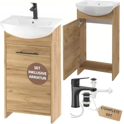 Image de Deftrans lavabo avec meuble bas 46,5 x 24,5 84 cm en chêne WC et robinet de 45