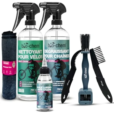 Image de Bio Chem Ensemble 7 produits de nettoyage pour chaine et cadre velo Nettoyant vélo 750ml Dégraissant Huile lubrifiante 100ml Set 3 brosses + brosse