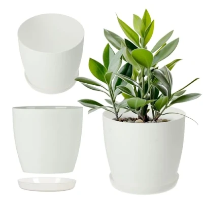 Image de KADAX Pot de Fleurs en Plastique avec Soucoupe et Finition Mate Élégante, Cache pour Une Décoration Intérieure Raffinée Moderne (12 cm, Blanc)