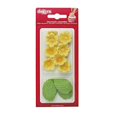 Image de Dekora Boîte de 8 Fleures Jaunes et 5 Feuilles Vertes en Sucre Figurines Comestibles pour Gâteaux Décoration d&#039;Anniversaire