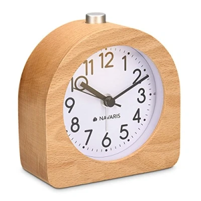 Image de Navaris Réveil analogique en Bois Horloge à Aiguilles Classique avec Fonctions Heure Alarme Snooze lumière foncé