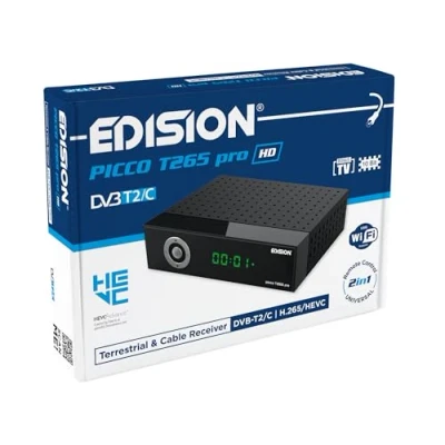 Image de EDISION Picco T265 Pro HD Récepteur Terrestre TNT DVB T2 et par Câble C H.265/HEVC FTA, PVR, USB, HDMI, SCART, S/PDIF, Capteur IR, Prend en Charge USB WiFi, IR Télécommande Universelle 2en1