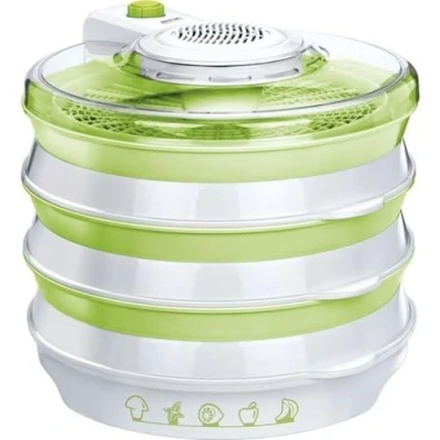 Image de MPM MSG 06 Déshydrateur Alimentaire Électrique, Pliable, 6 Plateaux 30 cm, sans BPA, 2 Niveaux de Puissance, Sèche les Fruits, Légumes, Viande, Herbes, 400W, Blanc/Vert