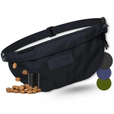 Image de PiuPet® Sac à friandises pour Chiens I de Promenade stylé et étanche avec 3 Compartiments zippés ventral 2 en 1 Chien d&#039;entraînement bandoulière (Noir)