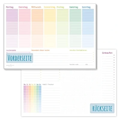 Image de paper&amp;you® Agenda semainier A4 sans date fixe [Rainbow] 50 feuilles avec liste de choses à faire, courses, grand champ notes et plus encore Respectueux du climat durable