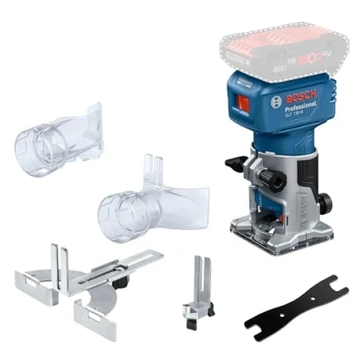 Image de Bosch Professional 18V System Défonceuse portative GLF 8 (butée longitudinale, adapt. aspiration surfaçage, fraisage, galet de guidage, pince mm, clé, sans batterie/chargeur)