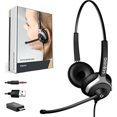 Image de GEQUDIO [3 en 1] Casque Business avec USB A, C et Jack 3,5 mm Compatible PC, Mac Smartphone Coussinets de Rechange pour &amp; Microphone Particulièrement léger 80 g (2 Oreilles)