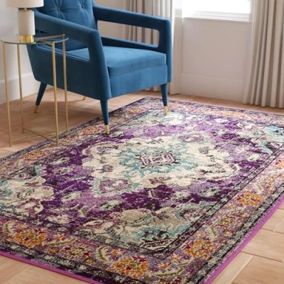Image de Tapis rectangulaire d&#039;intérieur bohème chic tissé , collection Monaco, MNC251, en violet / bleu clair, 201 X 279 cm pour le salon, la chambre ou tout autre espace intérieur par SAFAVIEH.
