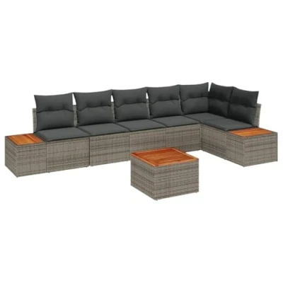 Image de Ensemble de Canapé Jardin 7 Pièces avec Coussins Gris Poly Rattan Acacia 3356769