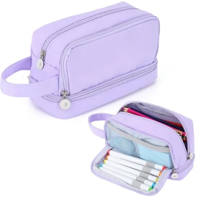 Image de Alyvisun Trousse Scolaire, à Crayons Grande Capacité avec 3 Compartiments pour Fille Garcon, Portable Crayon Pencil Case Poignée École et Bureau (Violet)