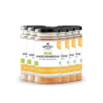 Image de Grizzly Foods Bouillon d&#039;os de poulet bio (6 x 240 ml) 20 g collagène par verre Cuit pendant 72 heures 100 % naturel sans sucre, additifs Nutriments précieux Bone Broth