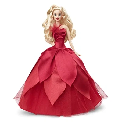Image de Barbie Poupée Mannequin Joyeux Noël 2022 (Cheveux Blonds Ondulés), avec Socle, Robe Rouge Flamboyante, Ã Collectionner, Jouet Enfant, Dès 6 Ans, HBY03