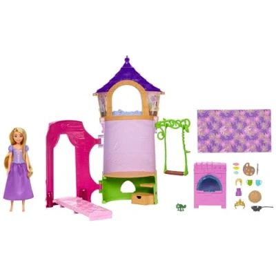 Image de Mattel Princesses Disney Coffret La tour de Raiponce avec poupée articulée Raiponce, Figurine Pascal, 360, 6 espaces jeu et 15 accessoires, Jouet Enfant, Dès 3 ans, HMV99
