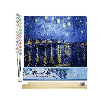 Image de Figured&#039;Art Peinture par Numéro Adulte Van Gogh Nuit Etoilée sur le Rhône Activité Manuelle Kit de Loisir Créatif DIY d&#039;Art Complet 40x50cm avec châssis en bois à monter