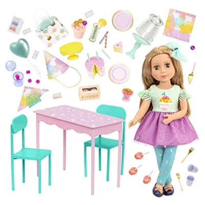 Image de Glitter Girls Sashka Poupée posable de 35 cm &amp; Ensemble Fête d&#039;anniversaire Table et chaises Gâteau, Bonbons Accessoires décoration Jeu Jouets pour Les Enfants 3 Ans +