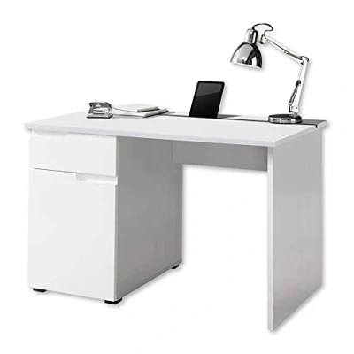 Image de Stella Trading Spice Bureau avec tiroirs, Blanc Brillant Table d&#039;ordinateur pour Le à Domicile Espace de Rangement et Barre Pratique Les tablettes 158 x 76 67 cm (L/H/P)