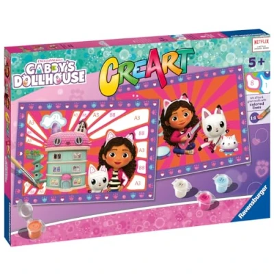 Image de Ravensburger CreArt Série Junior : Gabby&#039;s Dollhouse, kit de peinture par numéros, contient deux planches pré imprimées, un pinceau, des couleurs, jeu créatif pour enfants 5 ans et plus