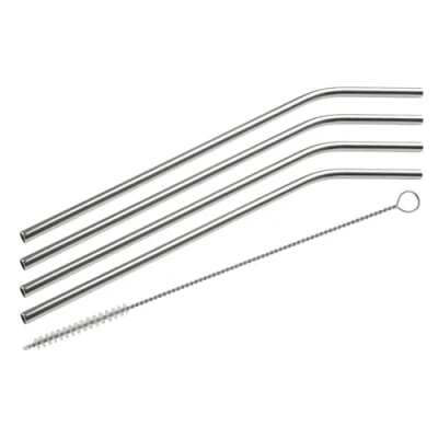 Image de Fackelmann 54857 Lot de 4 pailles incurvées en inox avec goupillon, incurvées, réutilisables, et goupillon nettoyage, Acier inoxydable, Nylon, Argenté, 24 cm