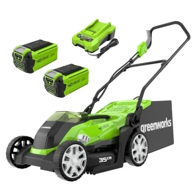 Image de Greenworks 40V Tondeuse à Gazon Sans Fil pour Pelouses Jusqu&#039;à 400m², Largeur de Coupe 35 cm, Sac 40L, INCLUS Deux Batteries 2Ah et Un Chargeur, Garantie 3 Ans G40LM35K2X