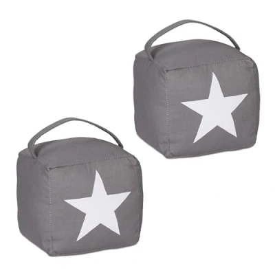 Image de Relaxdays Butoir de Porte, Lot 2, avec Anse, 18 x 15 cm, Motifs étoile, Tissu &amp; Sable, Gris/Blanc